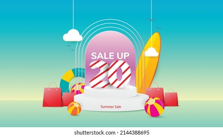 summer sale promotion 20%. 3d podium Free Vector. Off discount creative composition sale symbol.