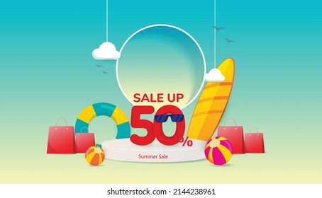 summer sale promotion 50%. 3d podium Free Vector. Off discount creative composition sale symbol.