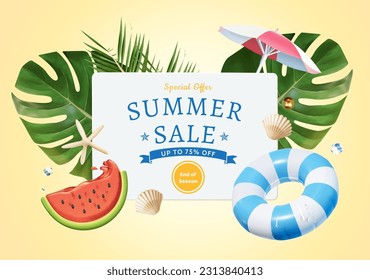 Summer sale promotion ad template surrounded by tropical leaves, seashells, parasol, sliced watermelon, starfish and inflatable ring.