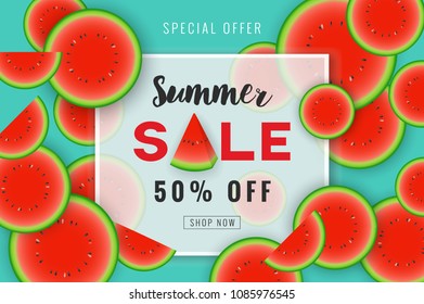 Summer sale promotion banner background design with slice watermelon.