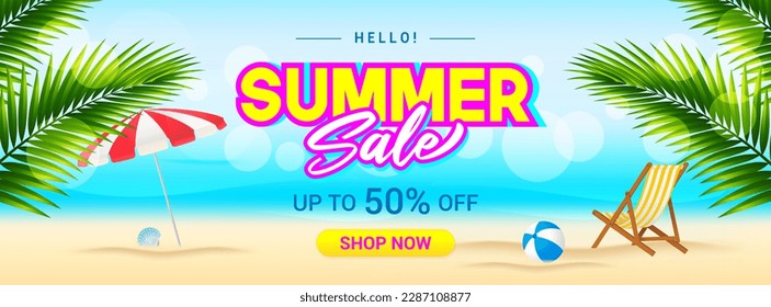 Summer Sale promotion banner background vector illustration. Summer beach template