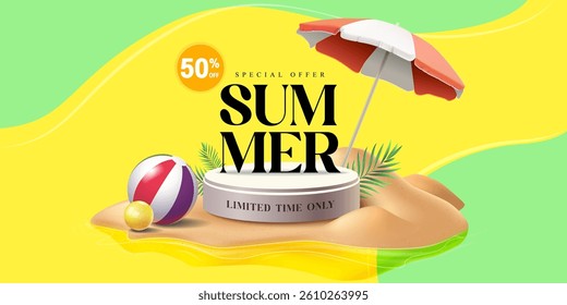 Summer Sale Promotion Banner with Beach Elements, 3D Style Tropical Design with Umbrella, Sand and Beach Balls for Special Discount Advertisement