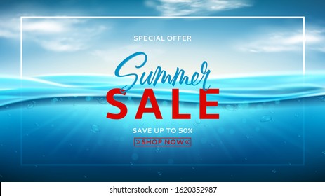 Summer sale promotion banner. Realistic sea landscape with waves. Vector illustration. Marine scene with underwater sunbeams. Banner with ocean water surface and clouds. Seasonal discount offer.