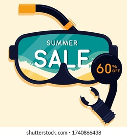 Summer sale promotion banner special offer and discount template flat design decorative with snorkel and beach background, vector illustration
