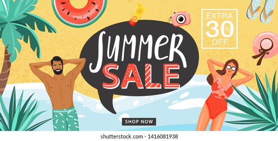 Summer sale promotion banner template. Happy couple sunbathing on a beach. Palm, hat, flip flops, lettering, swim ring and camera. Vector illustration for discount offer.
