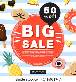 Summer sale promotion banner template. Sunglasses, fruits, camera, inflatable ring, ice cream and creative lettering for seasonal sales. Vector illustration for discount offer.