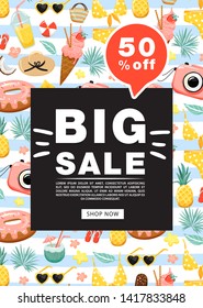 Summer sale promotion banner template. Ice cream, fruit, flip flops, sunglasses, hat, camera, cocktail, swimsuit, tropical flower and leaves.  Vector illustration for discount offer.