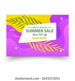 Summer Sale Promotion Banner with Tropical Leaves and Up to 60 Off