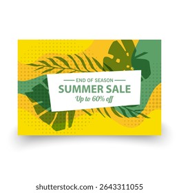 Summer Sale Promotion Banner with Tropical Leaves and Up to 60 Off