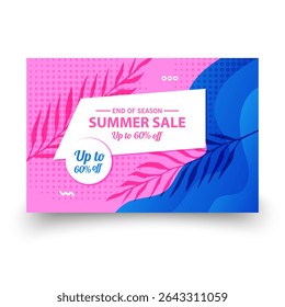 Summer Sale Promotion Banner with Tropical Leaves and Up to 60 Off