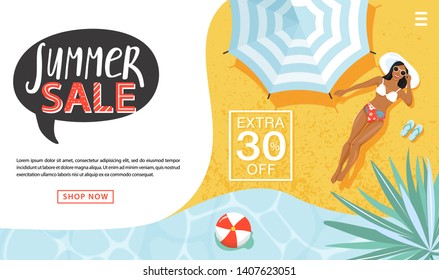 Summer sale promotion concept. Landing page template. Woman sunbathing, beach umbrella, inflatable rings, sea surface, creative lettering and tropical leaves for seasonal sales. Vector illustration.