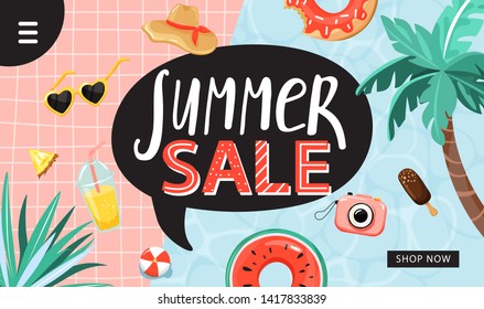 Summer sale promotion concept. Landing page template. Sunglasses, inflatable rings, fruit, palm, ice cream, camera, hat, lemonade, sea surface and creative lettering for seasonal sales. Vector.