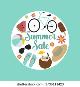 Summer sale promotion concept, round frame flyer vector design.