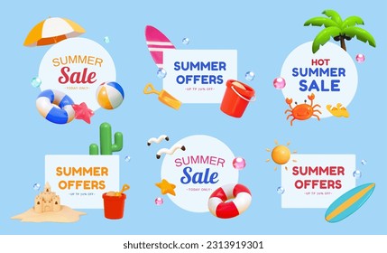 Summer sale promotion element set isolated on light blue background. Each decorated with 3D beach vacation theme objects. svg