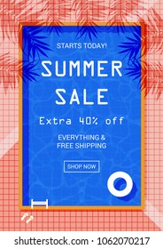 Summer sale promotion flyer design template. Swimming pool background decoration. Memphis style promo banner for the online store.