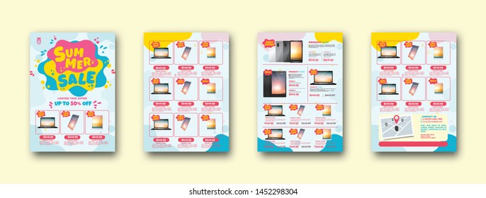 Summer Sale Promotion Flyer. With Realistic Phone, Laptop And Tablet Illustration As A Sample Product. 4 Pages.