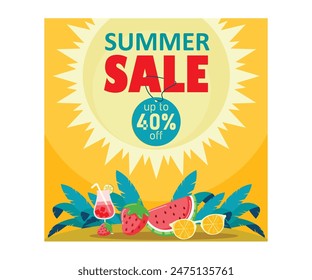 Summer sale promotion with fresh leaves, drinks, and fruit. Special offer 40%. Summer concept. Flat vector illustration.