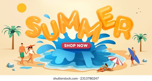 Oferta de verano de promoción de compras en línea plantilla. Estilo de arte de papel para la gente relajándose y tomando el sol en la playa con salpicaduras de agua y globo de texto de verano.