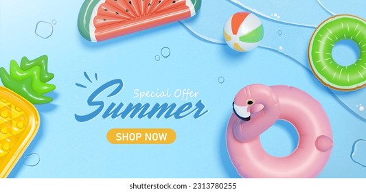 Summer sale promotion online shopping ad template. Top view of ball, flamingo swimming ring and tropical fruit lilos floating on water.