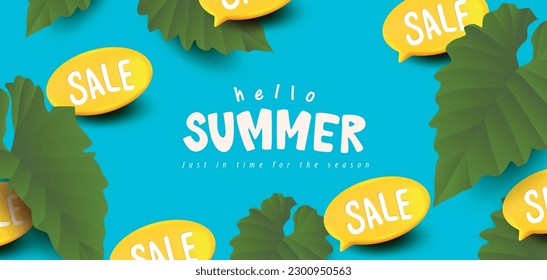 Summer sale promotion poster banner with summer tropical vibes and yellow sale speech bubble background