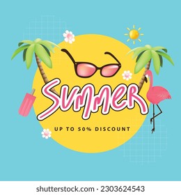 Summer sale promotion poster banner with summer tropical beach vibes background