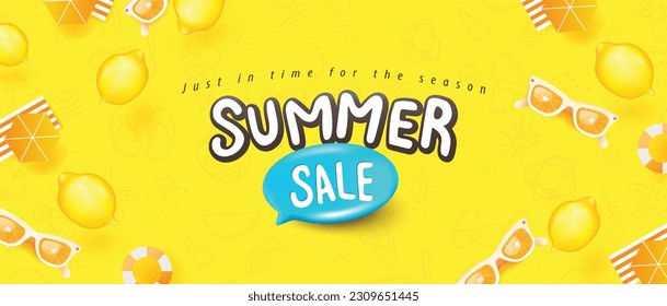 Cartel de promoción de venta de verano con fondo amarillo de playa tropical de verano