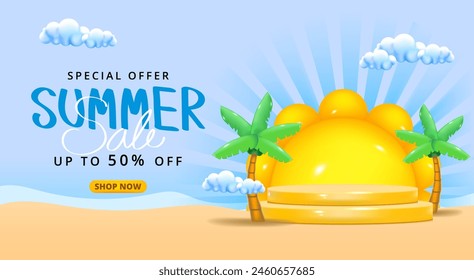 Summer sale promotion poster banner template with tropical beach, Special offer summer sale discount.