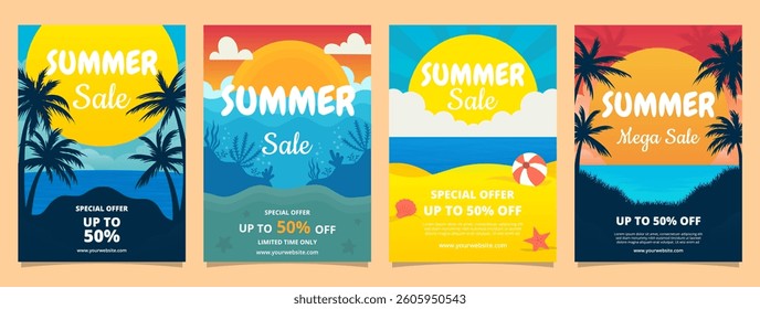 Summer sale promotion poster and flyer collection. Tropical beach discount templates for seasonal offers and special deals. Set of posters for summertime with coconut trees and a beach scene.