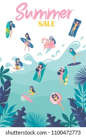 Summer sale - promotion poster illustration. Summer poster with relaxing girl on the beach. Editable vector illustration