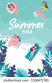 Summer sale - promotion poster illustration. Summer poster with relaxing girl on the beach. Editable vector illustration