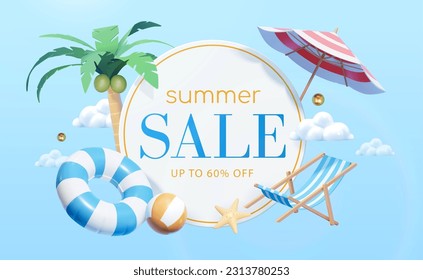 Summer sale promotion round board surrounded by beach objects and clouds floating on blue background.