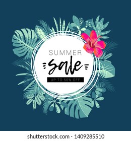 Summer Sale promotion. Tropical jungle design. Round frame, hand drawn exotic tropical leaves, plants, monstera leaf, hibiscus flower. Season discount offer template. Artistic vector illustration