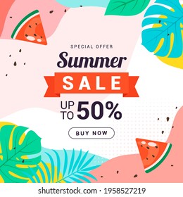 Summer sale promotion vector illustration. Watermelon slice on summer abstract background