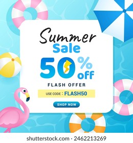 Summer sale promotion vector illustration. Beach umbrella with Pool Floats 