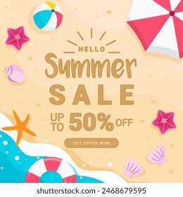 Summer sale promotion vector illustration. Summer beach with seashells background	