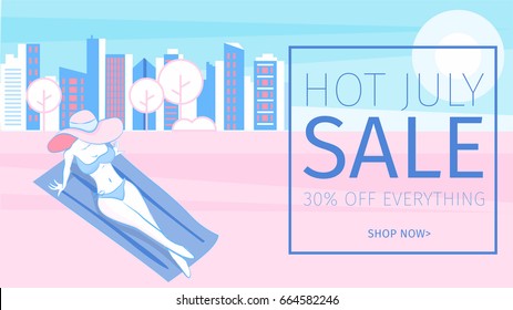 Summer sale promotion web banner with beautiful bikini girl sunbathing on a beach. Holiday or weekend vacation social media advertising template. Special discount offer or clearance background.