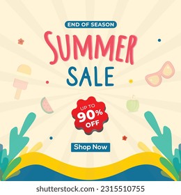 Summer sale promotion,90 percent off poster, banner, social media template illustration