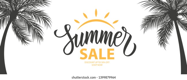 Summer Sale promotional background. Summertime seasonal special offer banner with hand lettering and palm trees for business, seasonal shopping, promotion and advertising. Vector illustration.