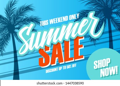 Summer Sale promotional banner. Summertime season special offer background with hand lettering and palm trees for business, discount shopping, promotion and advertising. Shop now. Vector illustration.