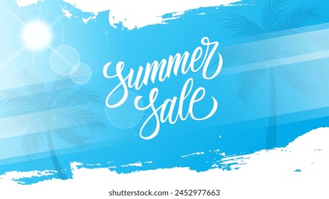 Summer Sale promotional banner. Summertime commercial background with hand lettering, summer sun and palm trees for business, seasonal shopping and sale advertising. Vector illustration.
