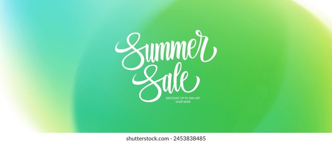 Summer Sale promotional banner. Summertime commercial blurred background with hand lettering for business, seasonal shopping promotion and sale advertising. Vector illustration.