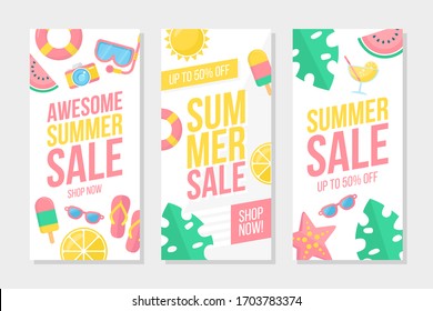 Summer Sale promotional flyers set. Summertime commercial labels for retail, seasonal shopping, sale promotion and advertising. Vector illustration.