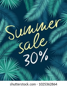 Summer sale. Promotional poster with tropical leaves and yellow flowers. Dark  background. Vector illustration.