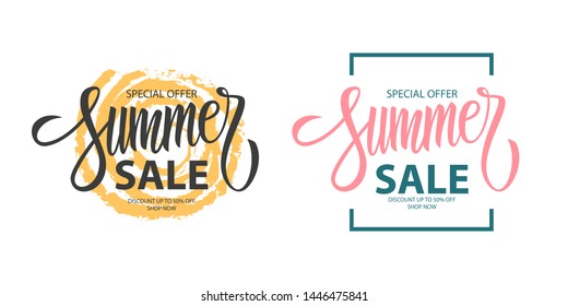 Summer Sale promotional templates set. Summertime seasonal special offer text design with hand lettering for business, seasonal shopping, promotion and advertising. Vector illustration.