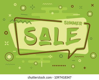 "Summer sale" quick tips badge with fruits and speech bubble for text . Trendy flat vector on kiwi (green) background. Vector Illustration.
