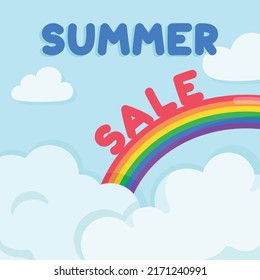 Summer Sale Rainbow And Blue Sky Kawaii Doodle Cartoon Vector