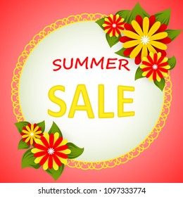summer sale with a red background in a round window with lace and flowers