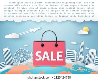 Summer sale red bag shopping on earth world with travel concept town building skyscrapers and Ferris wheel Blue sky cloud sun with plane background blank space for text and content paper art Vector