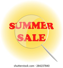Summer sale. Red letters on a yellow circle, under a magnifying glass. Vector.