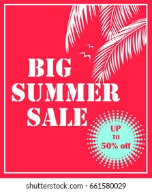 Summer sale red poster with palm leaves. Art deco style. Vector background for banner, flyer, card, brochure